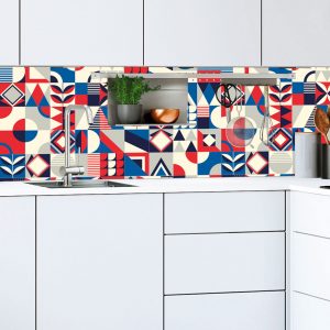 Mosaicos azules, rojos y crema