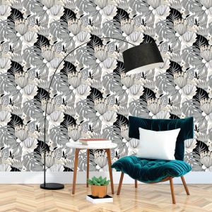 Hojas tropicales en negro, gris y beige